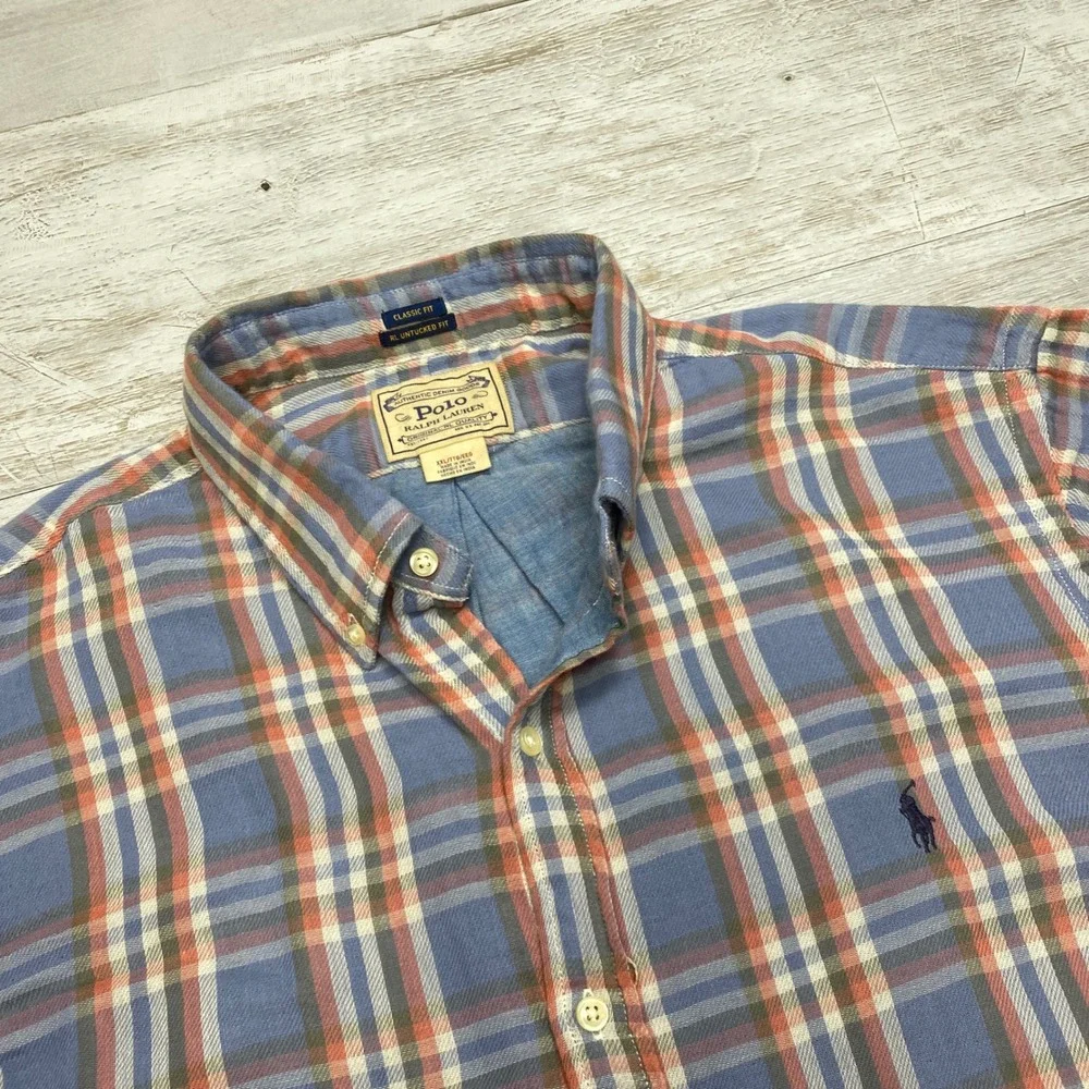 Polo Ralph Lauren Flannel Shirt Mens XXL Blue Orange Plaid Untucked Fit Cotton